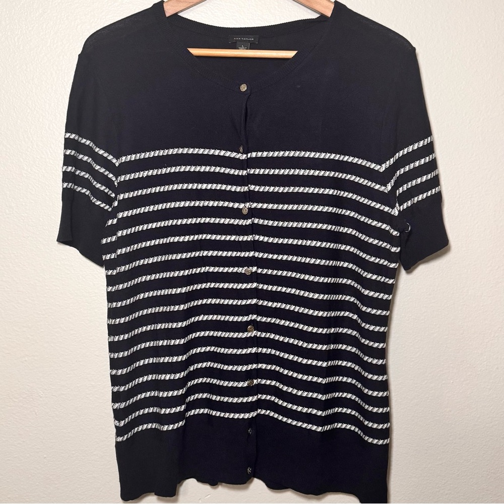 Ann Taylor Striped Cardigan Large Navy White Nautical Short Sleeve